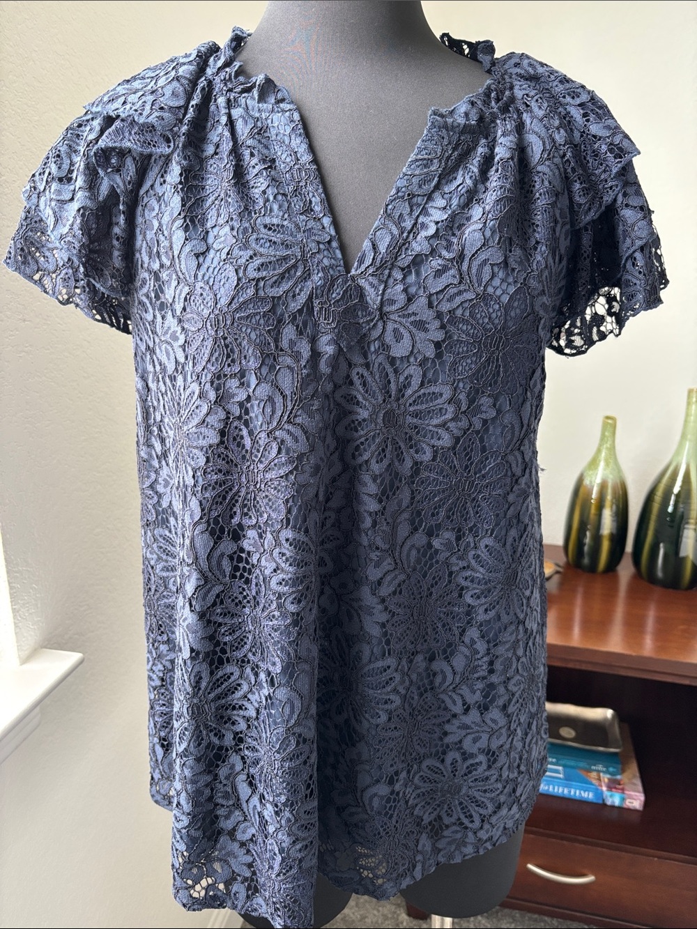 Nanette Lepore Navy Floral Lace V-Neck Short Sleeve Blouse